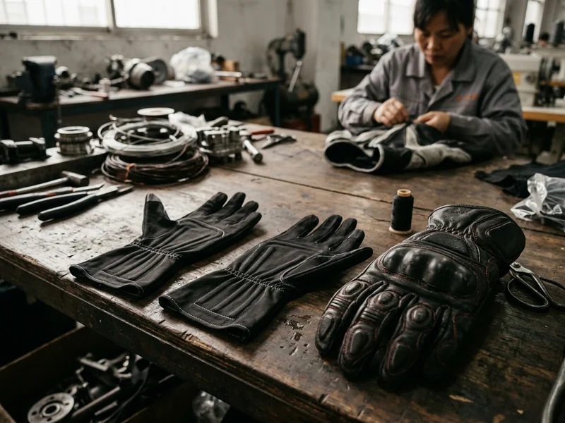 Thin heated motorcycle glove liner laid flat beside a protective outer glove