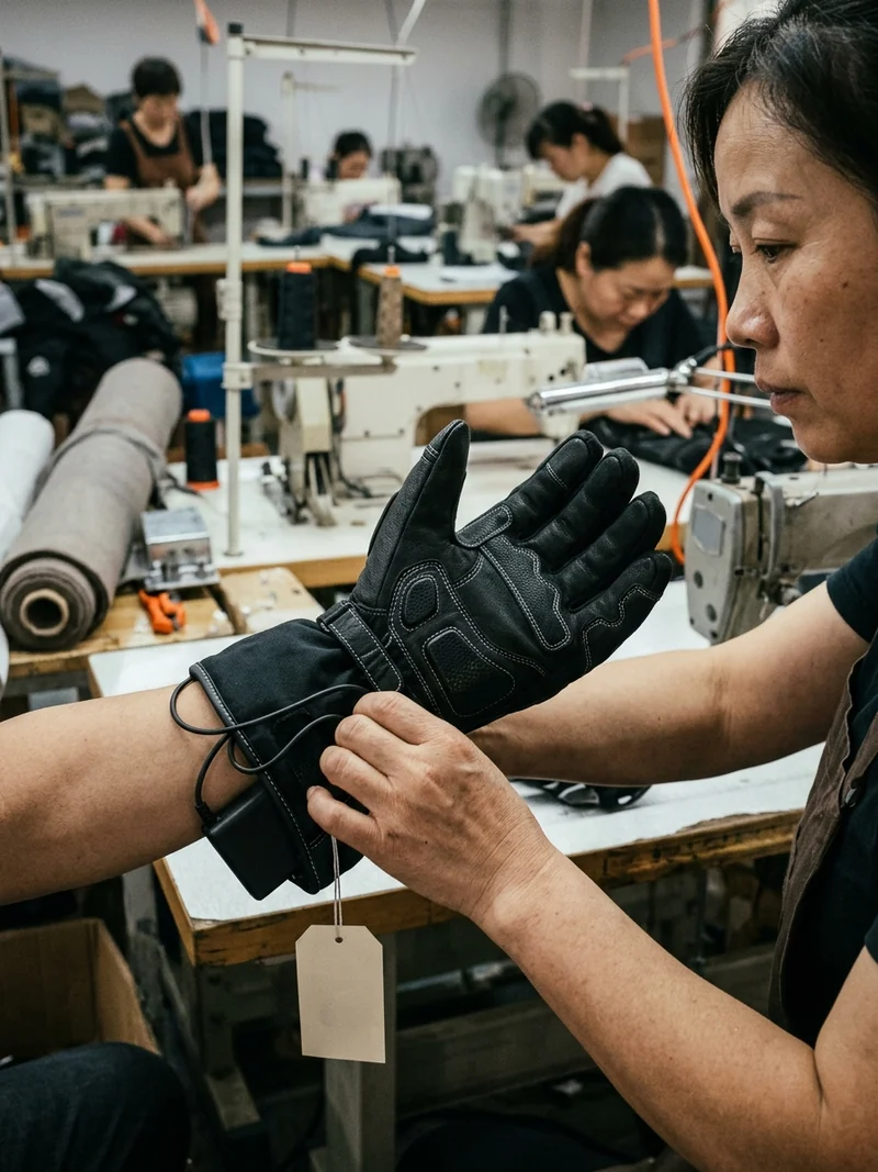 Heated gloves being tried on real hands before bulk