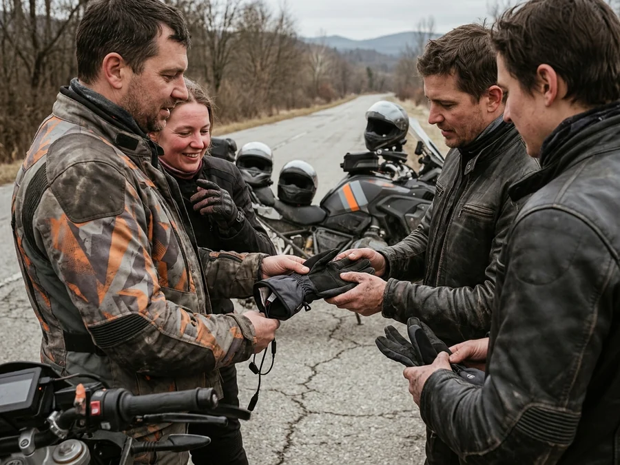 Touring club riders comparing gear on a winter ride