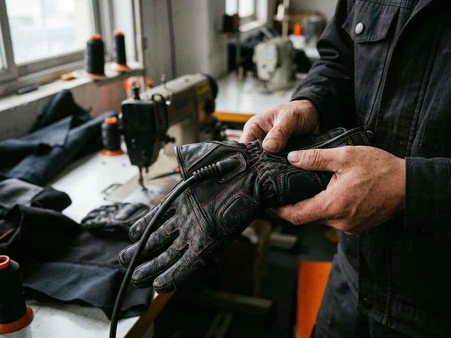 The strain-relieved lead exit at the cuff of a heated glove