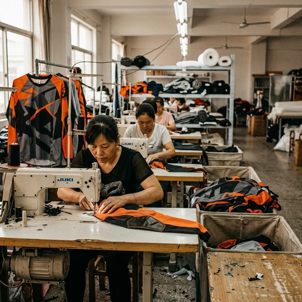 Cut-and-sew line with jerseys in progress