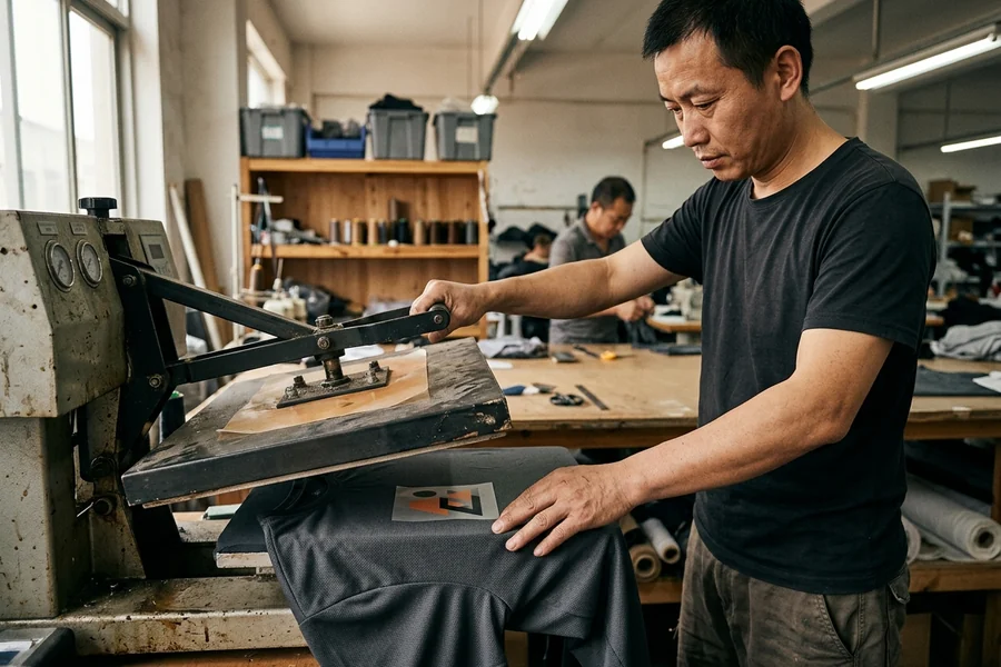 Heat press applying a small sponsor logo to a tee