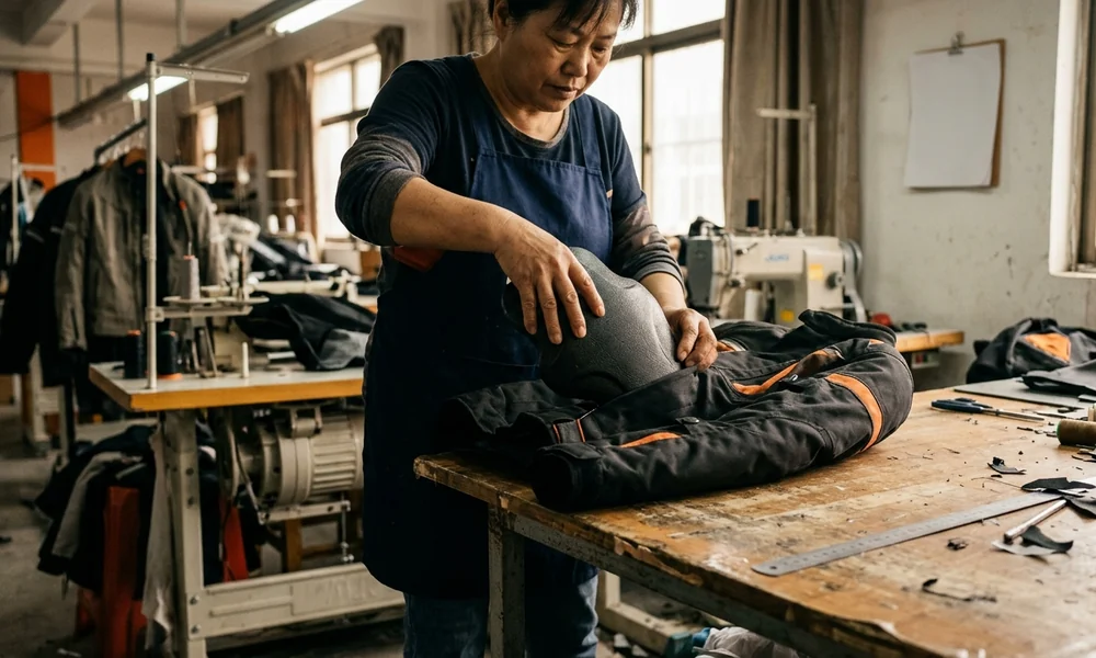 CE armor insert being placed into a jacket pocket on the bench