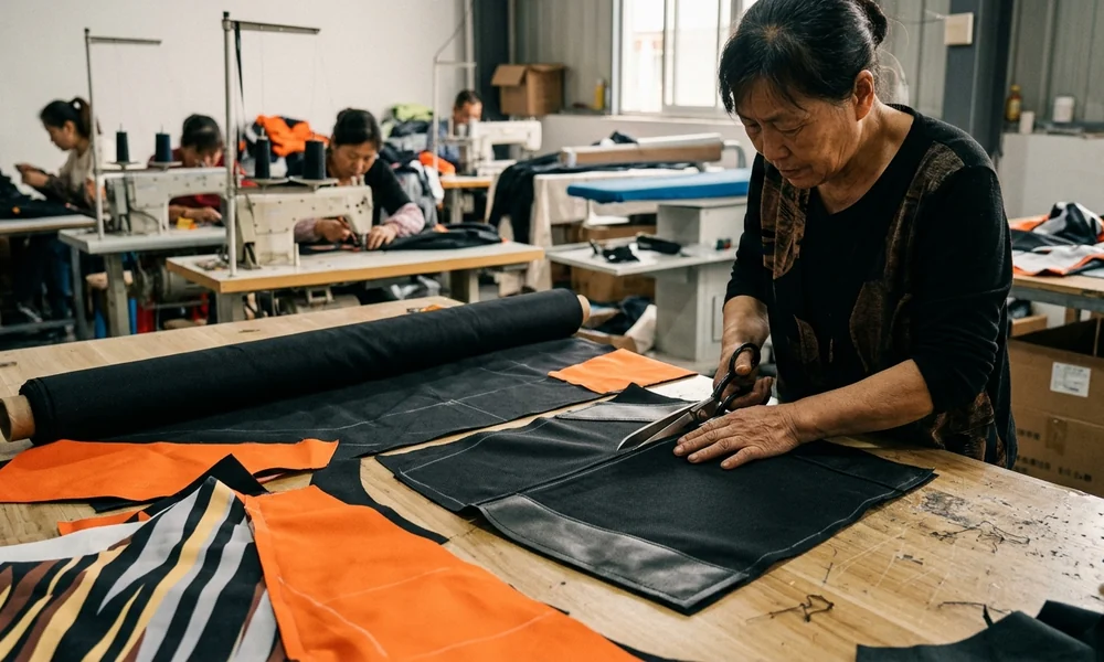 Pattern pieces being cut on the table before sewing