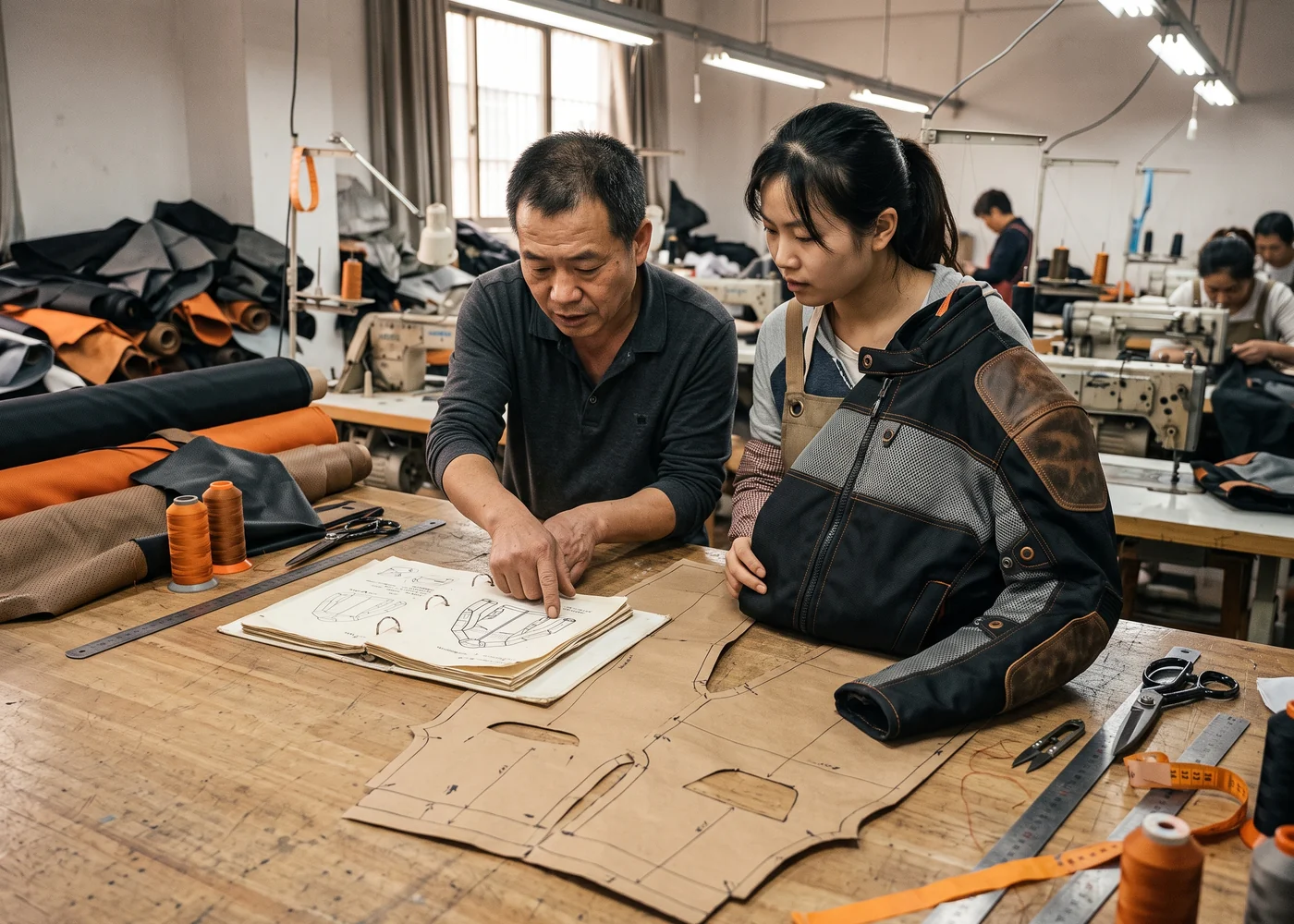 Tech pack pages and a base block pattern on the sample-room table