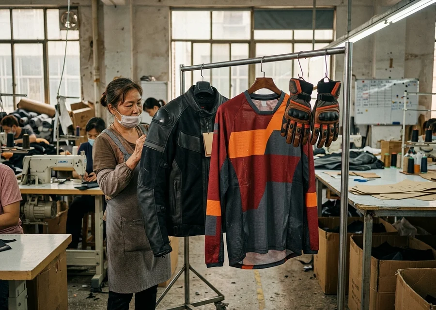 Three private label motorcycle apparel SKUs, jacket, jersey and gloves, on a custom motorcycle apparel manufacturer sample rail