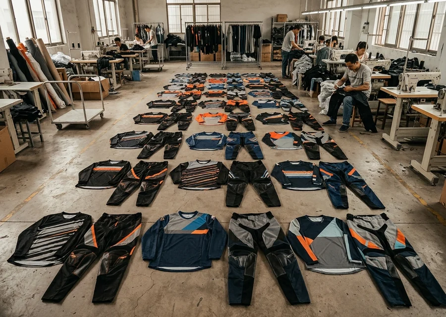Sixty motocross kits laid out by rider number