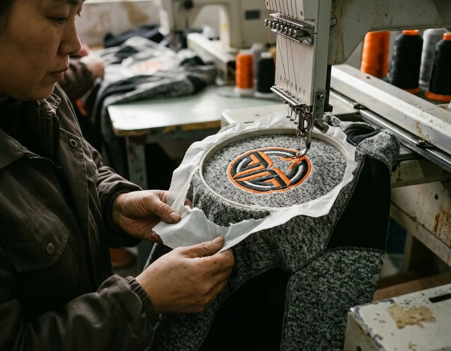 Embroidered club logo on fleece with backing visible