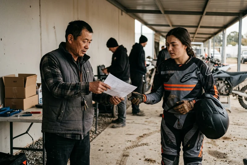 Team manager handing a printed roster to a rider in matching kit
