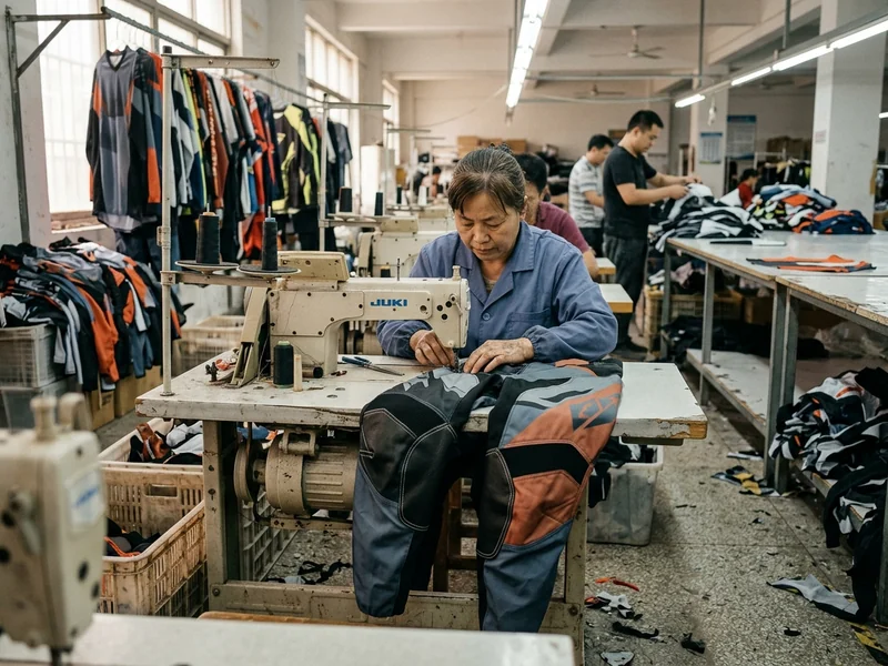 Cut-and-sew line at a custom motorcycle apparel manufacturer, jerseys and pants in work