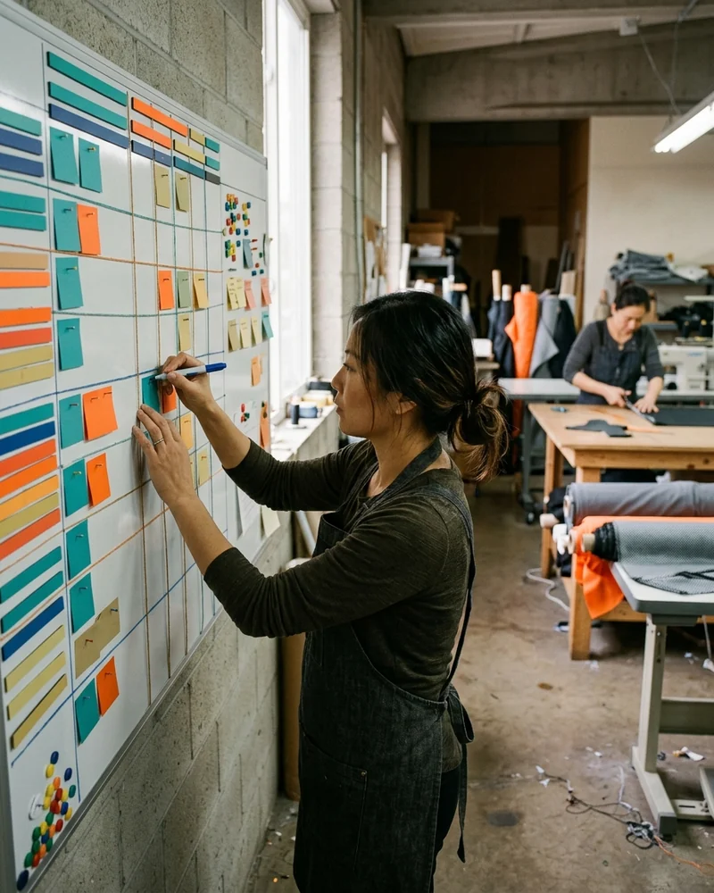 Race calendar on the planning wall with ship dates marked backwards from round one