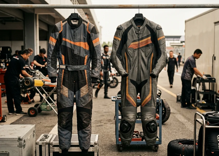 Custom kart suit and leather custom race suit on a paddock rail