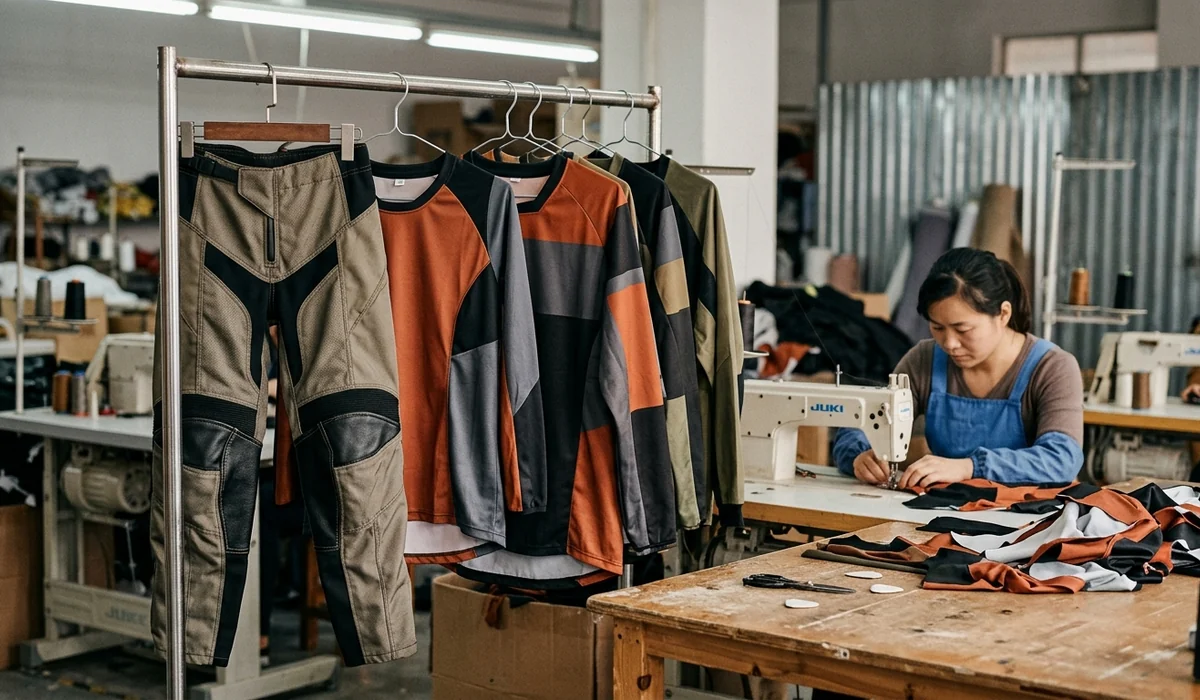 Women's and youth motocross gear beside ATV racing jerseys