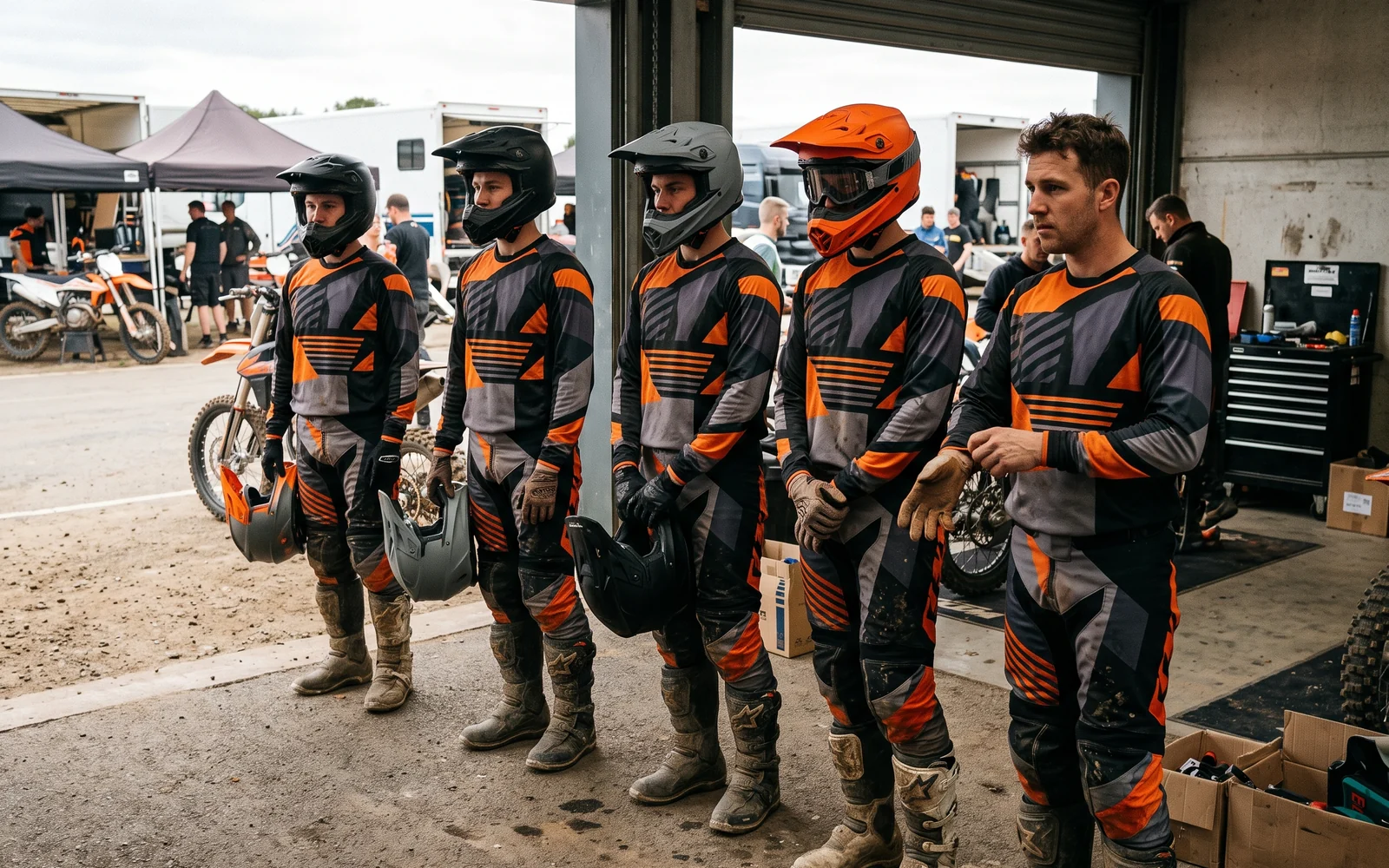 Motocross team lined up in matching sublimated kit before round one