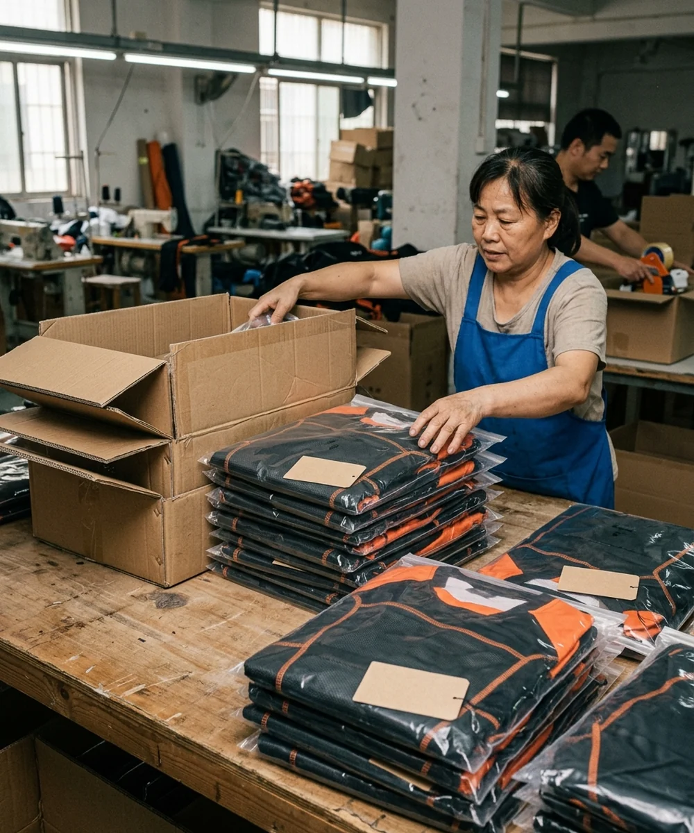 Packed team order with rider-name bags stacked for the photo set