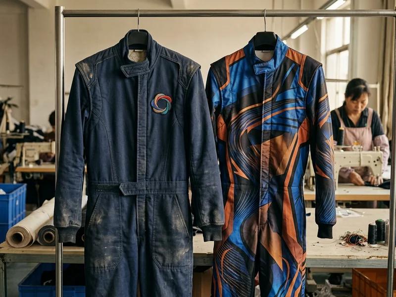 Solid rental suit with embroidered logo beside a sublimated instructor suit