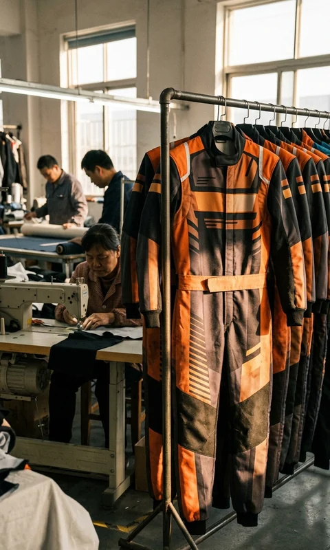Sublimated instructor suit with a name, hung at the end of the rack