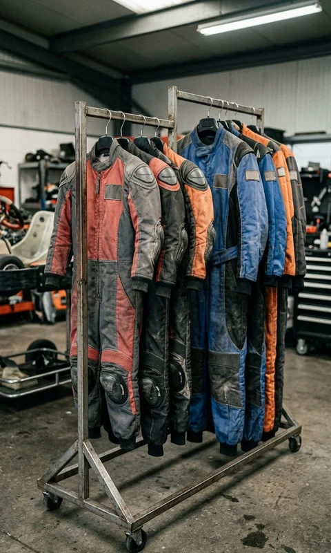 Karting center suits on the rental rack: youth size on the left