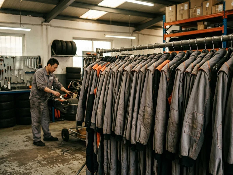 Adult rental karting suits hanging by size on a karting center rail