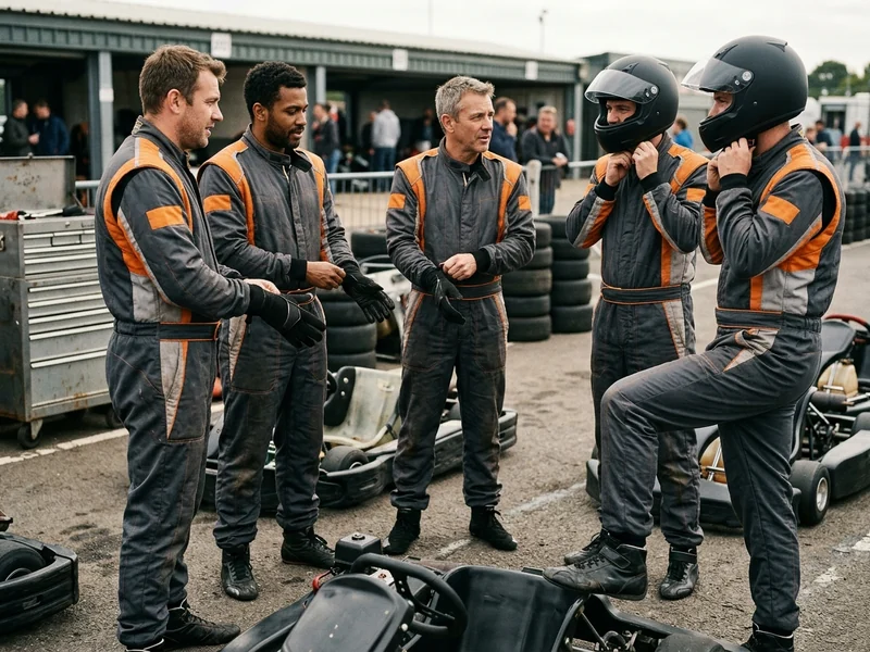 Group of drivers in matching corporate event karting suits at the track