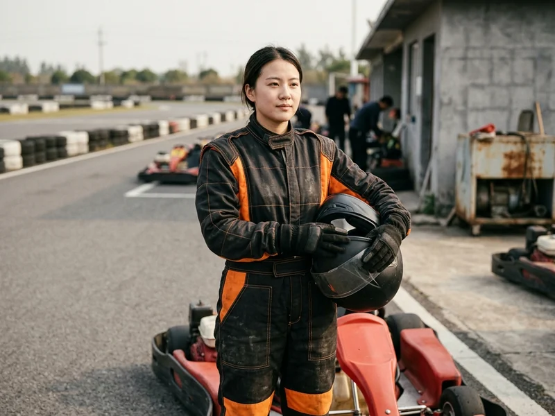 Heavy-duty outdoor rental karting suit, front view, on an outdoor track