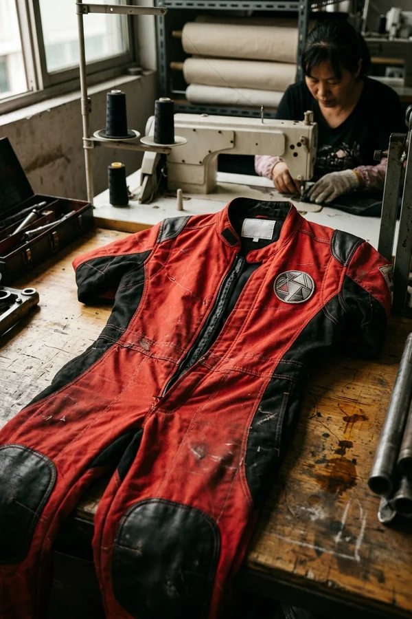 Rental kart suit laid flat: covered zip, embroidered logo, size marking inside the collar
