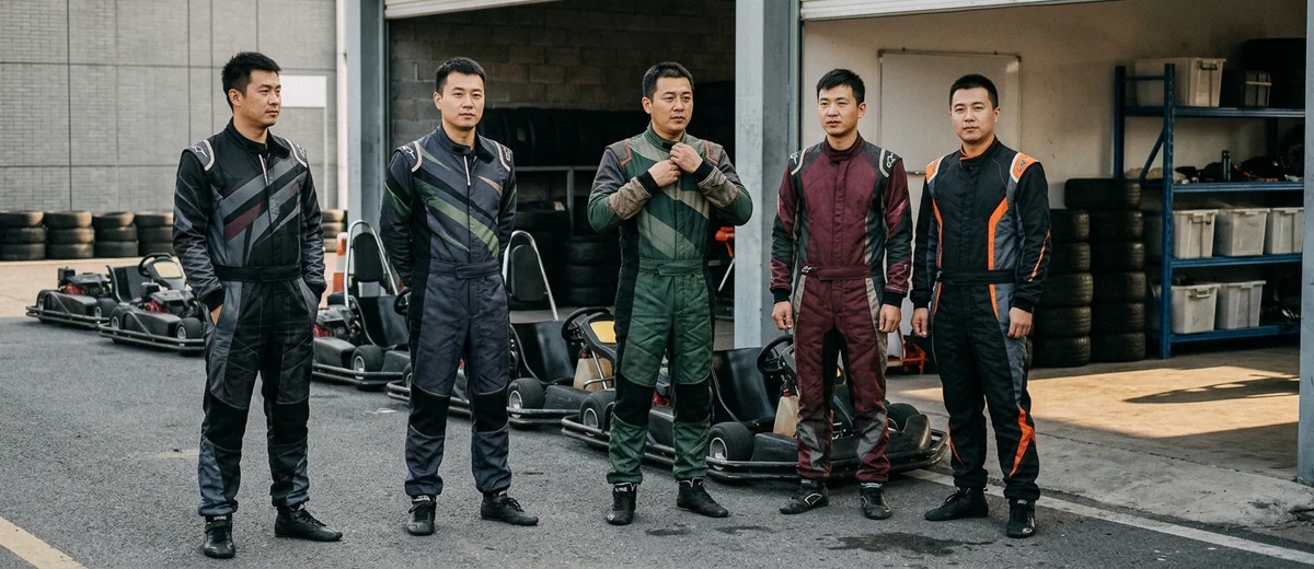 Instructors in sublimated suits lined up in front of the rental fleet