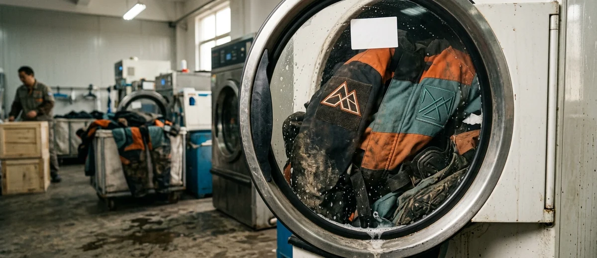Rental suits going through the centre's washing machine, embroidered logos visible