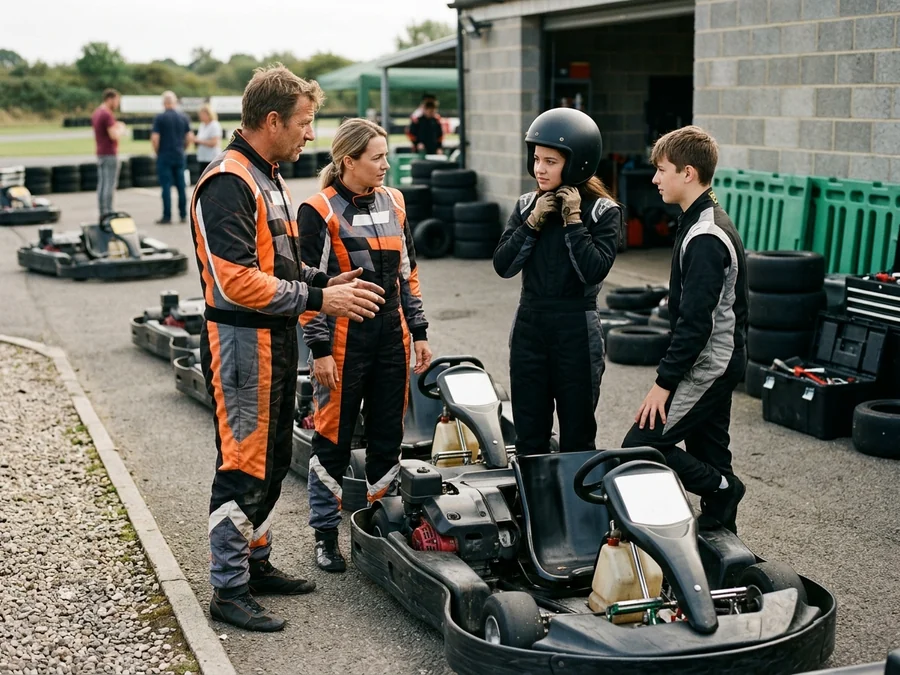 Driving academy instructors in sublimated suits beside the student fleet