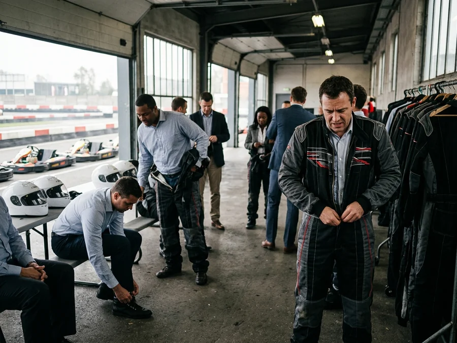 Corporate event guests suiting up at an arrive-and-drive venue