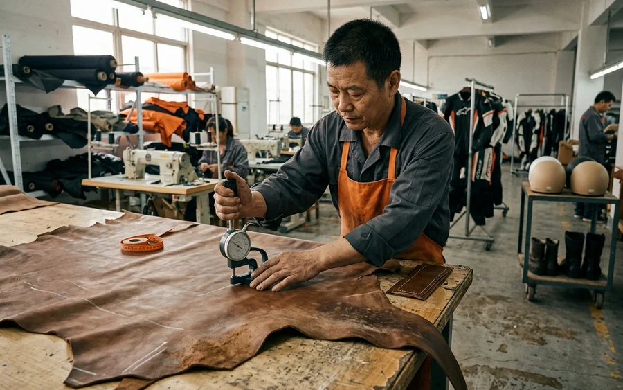 A hide being gauged with a thickness meter before anything is cut