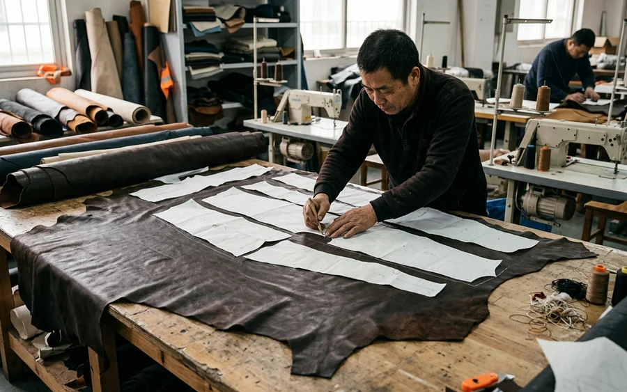 Pattern panels laid on the hide in their correct stretch direction