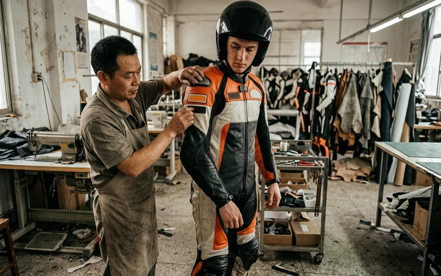 The finished suit being fitted on the rider with the armor in