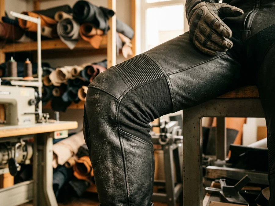 Stretch panel behind the knee of a leather suit