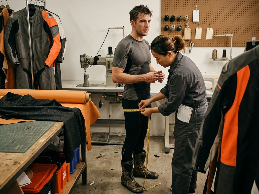 Track-day rider being measured for a made-to-measure suit