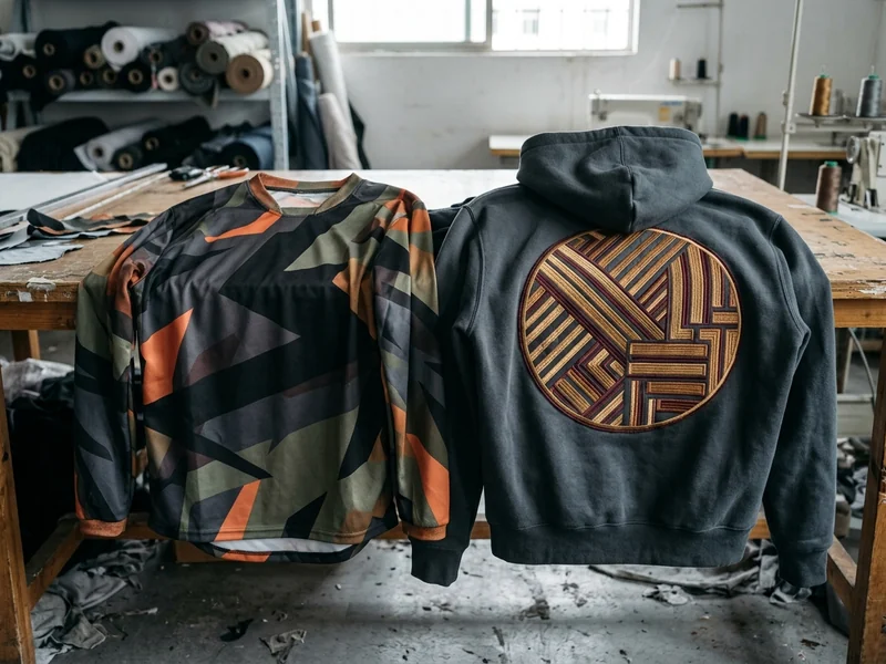 Sublimated club jersey next to an embroidered club hoodie