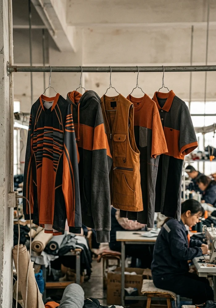 Five club pieces on one rail: jersey, hoodie, vest, tee and polo in the club colors