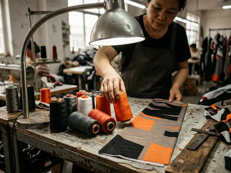 Thread cones picked against the printed jersey strip under a daylight lamp