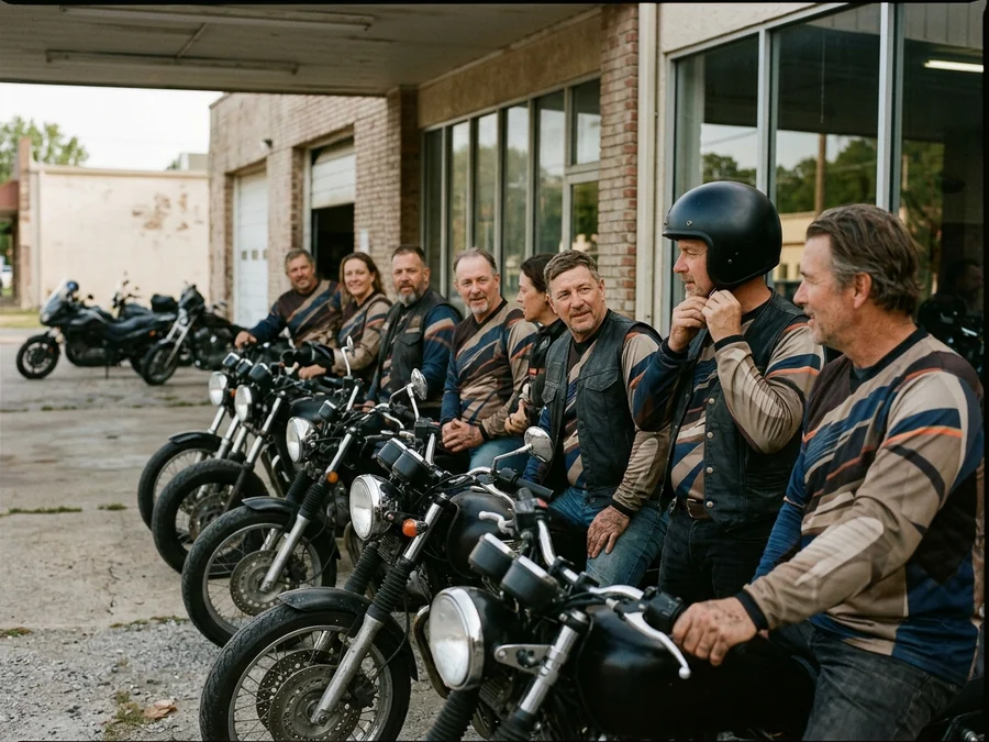 Dealership riding club lined up outside the store in club jerseys