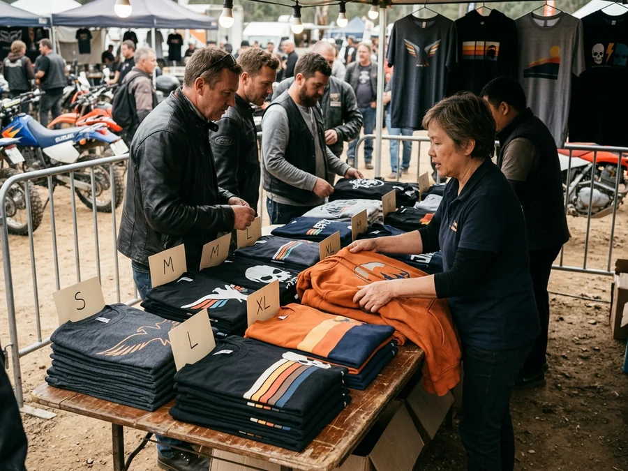 Rally merch table with event tees and hoodies stacked by size