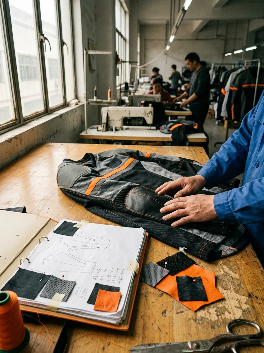 OEM/ODM development process: tech pack pages, swatches and the first sample on the development desk