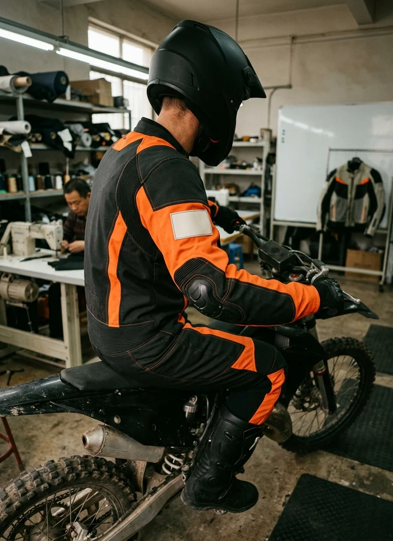 First sample on a rider on the bike, arms forward, armor in