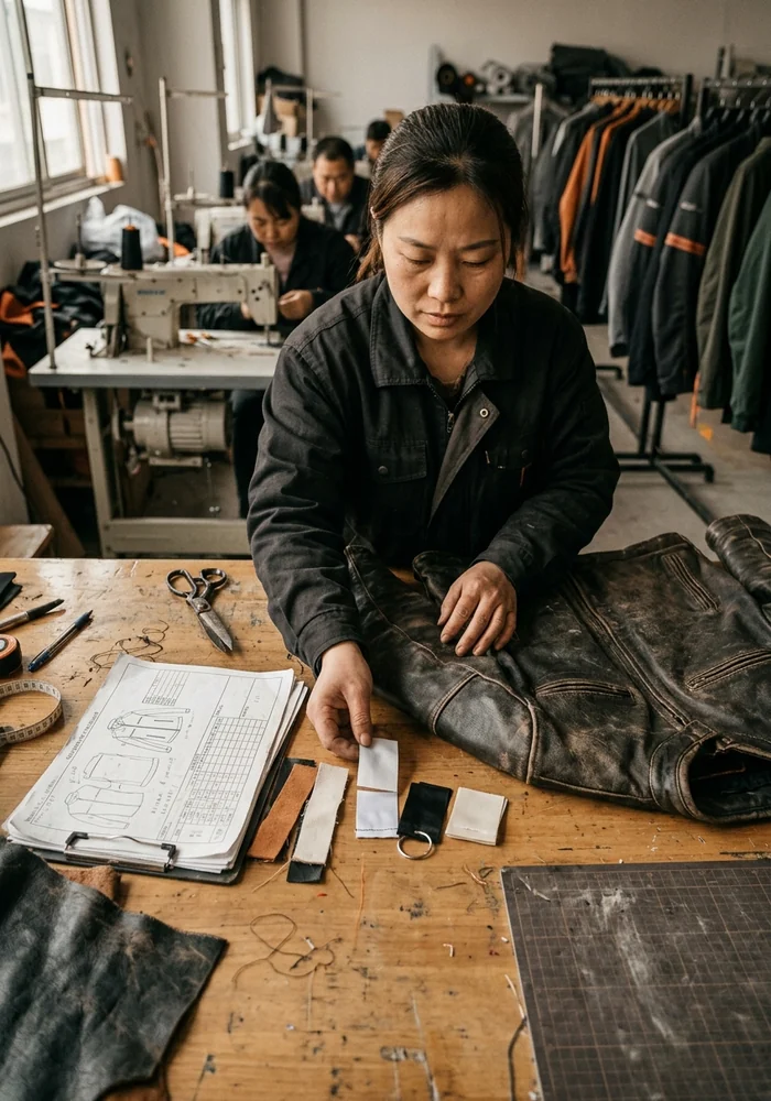 Tech pack, label files and the reference garment on the sales desk