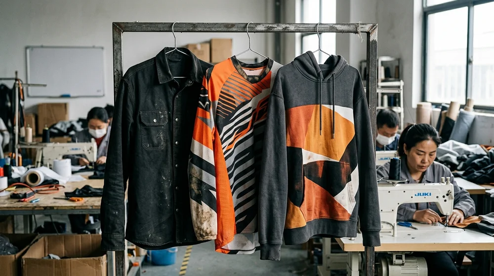Crew shirt, rider jersey and club hoodie side by side on the sample rail