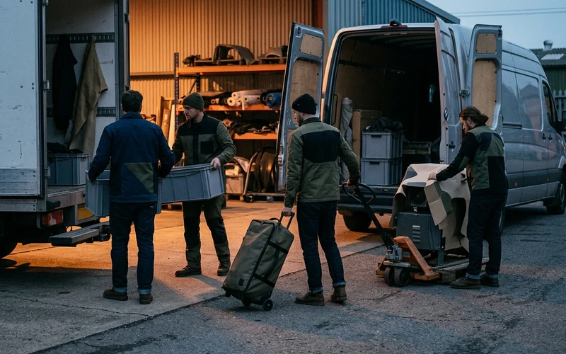 Crew unloading the transporter at dawn in crew jackets