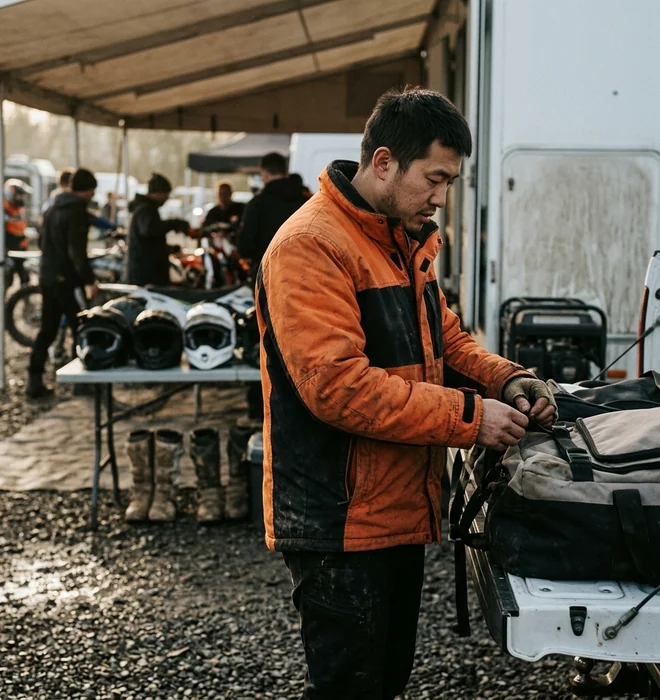 600D crew jacket in team colors on a cold morning at the transporter