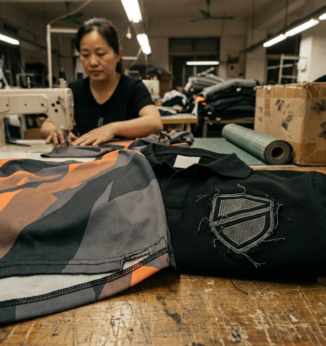 Sublimated crew shirt next to an embroidered crew polo