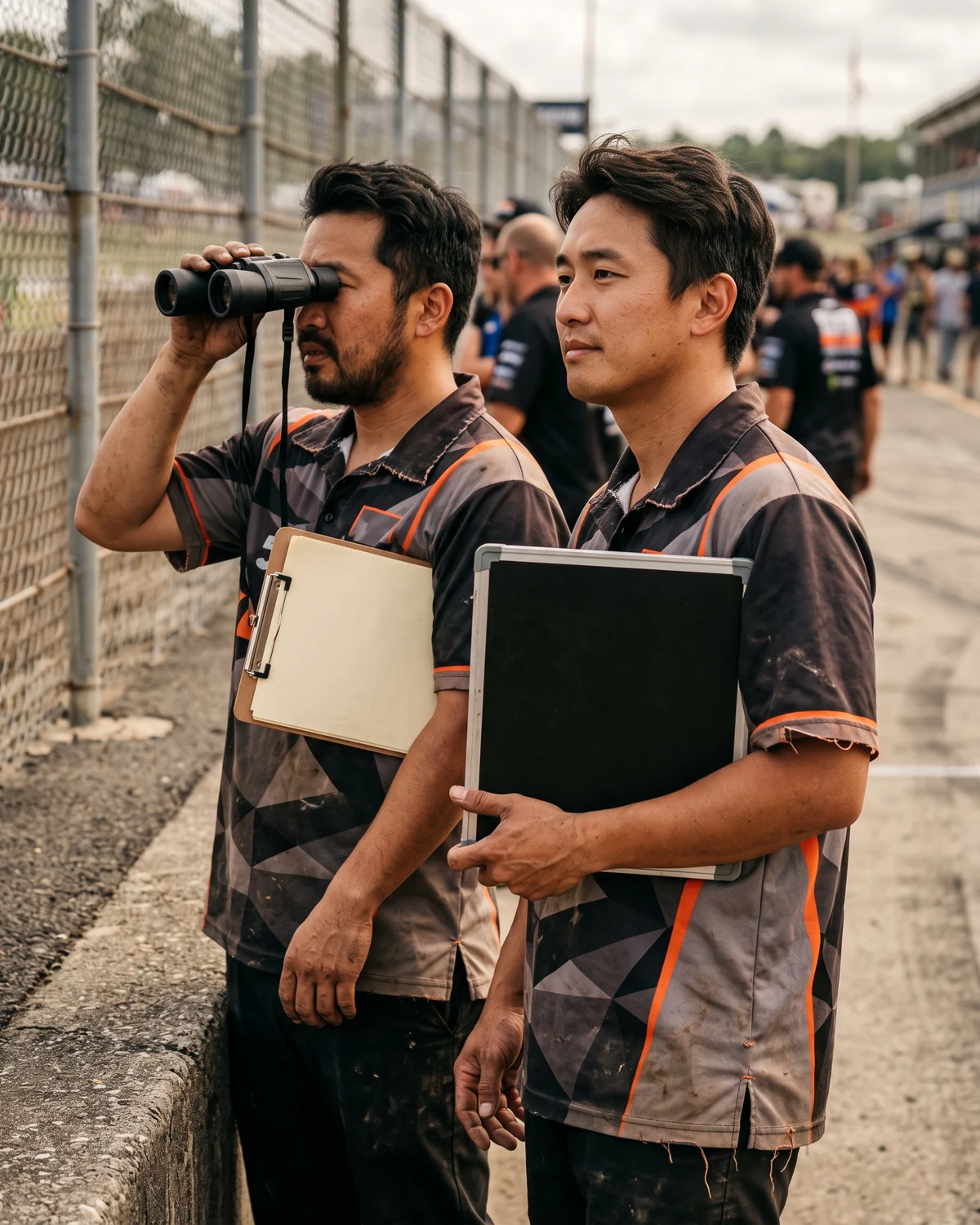Pit crew teamwear on the pit wall: crew chief and board holder in the sublimated crew shirt, same colors as the rider