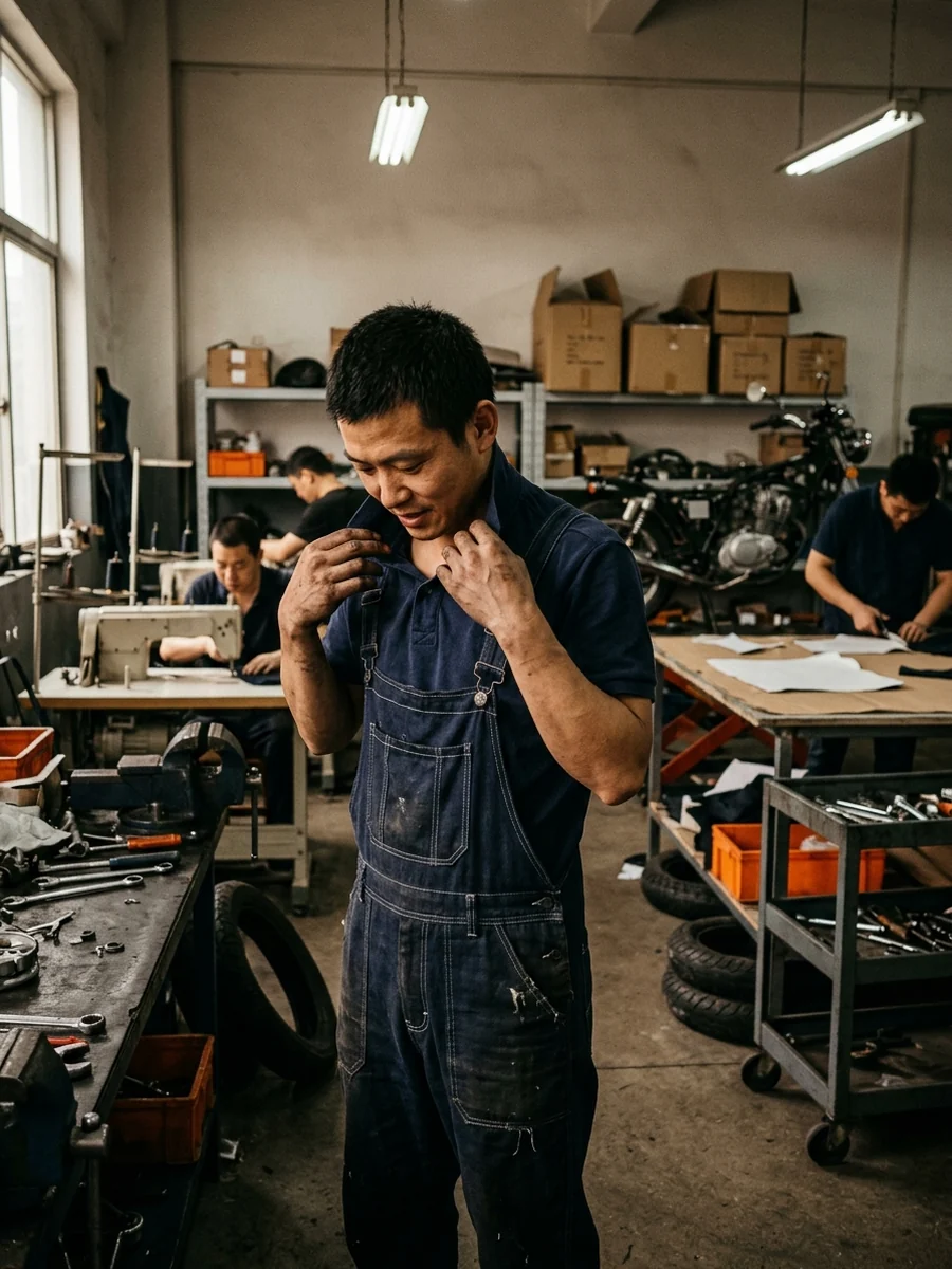 Mechanic trying the size-run polo on under overalls in the workshop