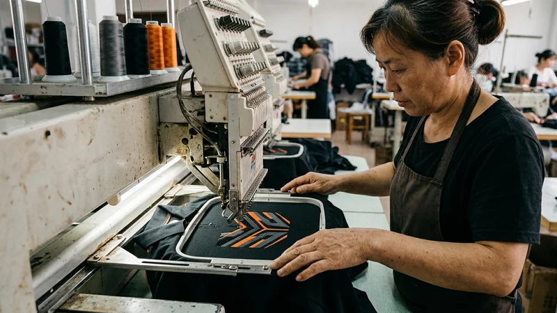 Embroidery machine stitching the team logo on polos
